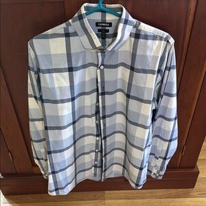 Express Men's Casual Blue and White Checkered Shirt